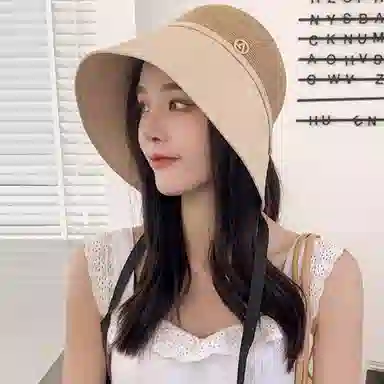 优幽兰 时尚潮流拼接设计感夏季出游防紫外线大檐显脸小水桶文艺开叉小众时尚百搭遮阳 草编 防晒帽 女款