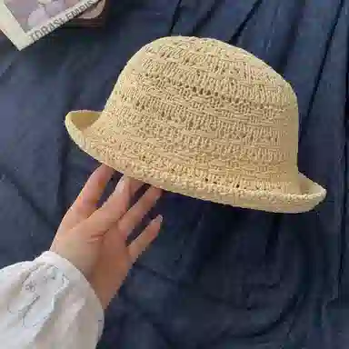 优幽兰 韩系卷边纯色圆顶礼帽夏季镂空透气遮阳显脸小法式草帽时尚简约高级感优雅盆帽学生潮 聚酯纤维  防晒帽 女款