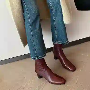 复古粗跟圆头瘦瘦靴经典时尚百搭舒适 短靴 女款