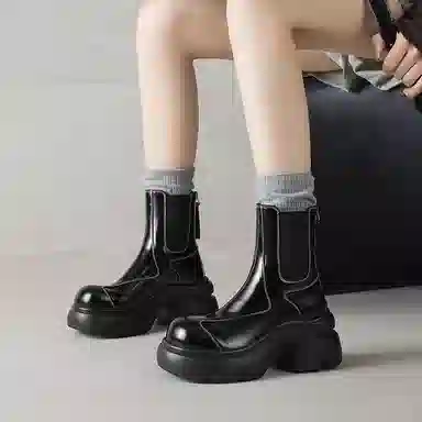 五九丹七 牛皮 潮流网红风百搭 厚底短靴 短筒 切尔西靴 女