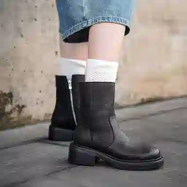 五九丹七 头层牛皮 水洗皮纹理质感大气 百搭经典休闲宽松拉链短靴 短筒  切尔西靴 女