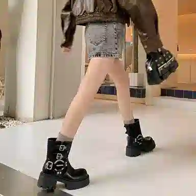 牛皮 圆头擦色金属厚底潮流简约复古百搭 短靴 女款