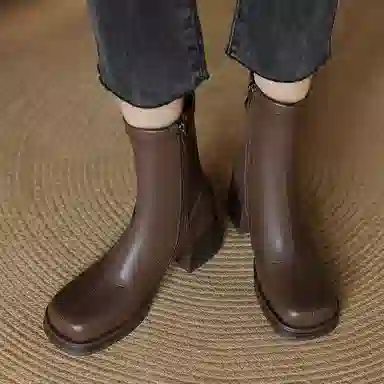 时尚复古小众弹力厚底方头漆皮粗跟显瘦 短靴 女款