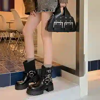 牛皮 圆头擦色金属厚底潮流简约复古百搭 短靴 女款