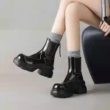 五九丹七 牛皮 潮流网红风百搭 厚底短靴 短筒 切尔西靴 女