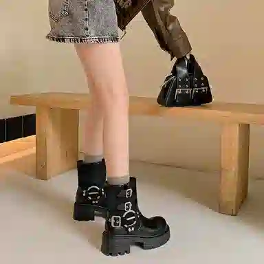 牛皮 圆头擦色金属厚底潮流简约复古百搭 短靴 女款