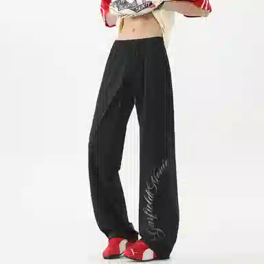 加菲猫家族 高街纯色品牌签名字母印花系带速干空调裤简约宽松显高百搭日常户外运动通勤垂感拖地街头休闲裤 男女同款