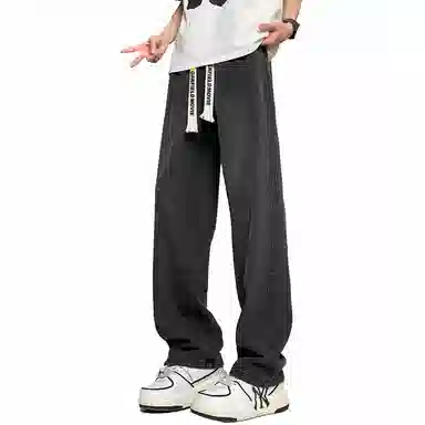 加菲猫家族 美式潮流高街复古水洗做旧直筒垂感高级感显高宽松舒适透气简约日常时尚百搭字母印花系带调节中腰牛仔裤 男女同款