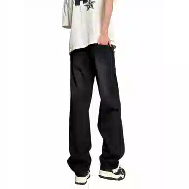 加菲猫家族 美式高街简约基础款复古水洗做旧宽松舒适休闲系带中腰校园学院风直筒垂感日常通勤百搭牛仔裤 男女同款