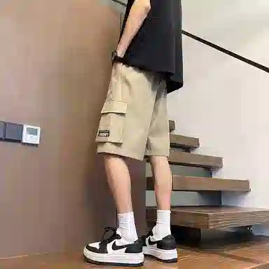 加菲猫家族 美式简约纯色基础宽松舒适大口袋烧花设计时尚潮流街头酷帅五分直筒垂感轻薄透气排汗系带中腰工装短裤 男女同款