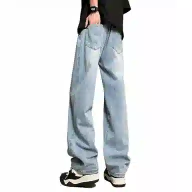 加菲猫家族 美式潮流高街复古水洗做旧直筒垂感高级感显高宽松舒适透气简约日常时尚百搭字母印花系带调节中腰牛仔裤 男女同款