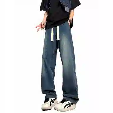 加菲猫家族 美式高街简约基础款复古水洗做旧宽松舒适休闲系带中腰校园学院风直筒垂感日常通勤百搭牛仔裤 男女同款