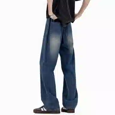 加菲猫家族 美式复古水洗做旧宽松休闲舒适直筒垂感日常时尚通勤高街百搭系带松紧中腰青春活力中性风牛仔裤 男女同款