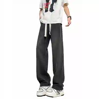 加菲猫家族 美式高街潮流复古水洗做旧宽松简约舒适透气系带松紧日常通勤时尚百搭直筒垂感中腰牛仔裤 男女同款