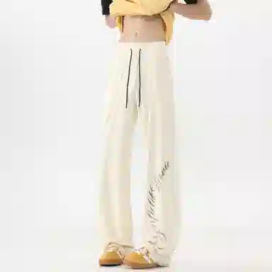 加菲猫家族 高街纯色品牌签名字母印花系带速干空调裤简约宽松显高百搭日常户外运动通勤垂感拖地街头休闲裤 男女同款