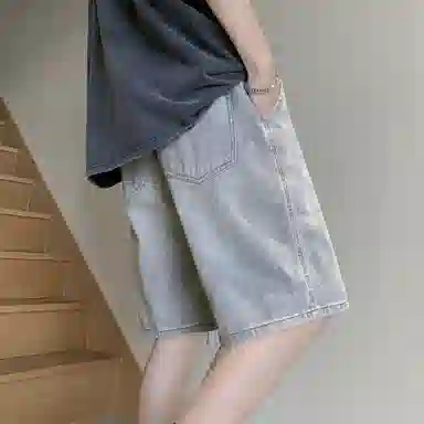 加菲猫家族 美式高街复古水洗做旧磨白拼接直筒阔腿休闲宽松潮流时尚日常百搭舒适柔软透气系带五分牛仔短裤 男女同款