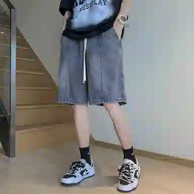 加菲猫家族 美式高街复古水洗做旧磨白拼接直筒阔腿休闲宽松潮流时尚日常百搭舒适柔软透气系带五分牛仔短裤 男女同款