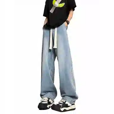 加菲猫家族 美式高街简约基础款复古水洗做旧宽松舒适休闲系带中腰校园学院风直筒垂感日常通勤百搭牛仔裤 男女同款