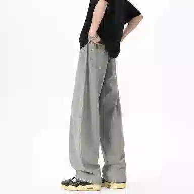 加菲猫家族 美式高街松紧系带中腰复古水洗宽松做旧阔腿垂感舒适休闲百搭牛仔裤 男女同款