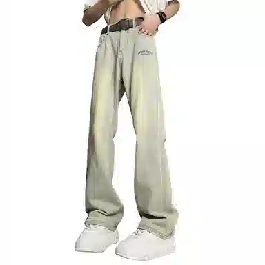 加菲猫家族 美式复古高街痞帅潮牌水洗做旧纯色基础款嘻哈宽松百搭长裤时尚简约舒适轻薄废土风微喇牛仔裤 男女同款