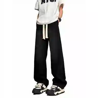 加菲猫家族 美式高街潮流复古水洗做旧宽松简约舒适透气系带松紧日常通勤时尚百搭直筒垂感中腰牛仔裤 男女同款