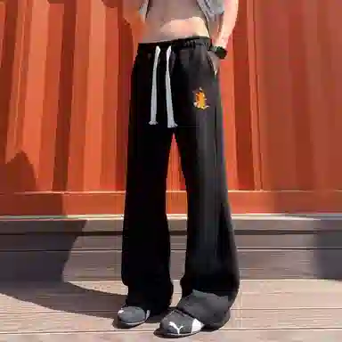 加菲猫家族 卡通动漫字母撞色印花简约基础款纯色透气百搭舒垂感松紧系带学院风街头美式微喇休闲裤 男女同款