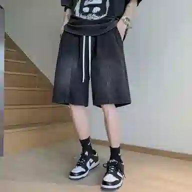 加菲猫家族 美式高街复古水洗做旧磨白拼接直筒阔腿休闲宽松潮流时尚日常百搭舒适柔软透气系带五分牛仔短裤 男女同款