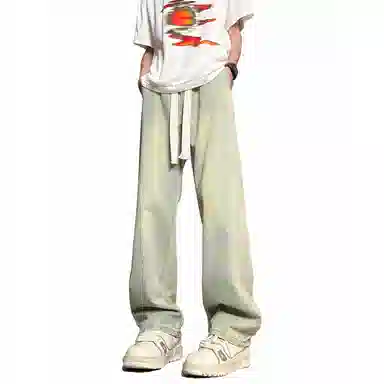 加菲猫家族 美式高街潮流复古水洗做旧宽松简约舒适透气系带松紧日常通勤时尚百搭直筒垂感中腰牛仔裤 男女同款