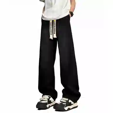 加菲猫家族 美式潮流高街复古水洗做旧直筒垂感高级感显高宽松舒适透气简约日常时尚百搭字母印花系带调节中腰牛仔裤 男女同款