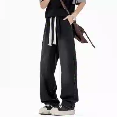 加菲猫家族 美式复古水洗做旧宽松休闲舒适直筒垂感日常时尚通勤高街百搭系带松紧中腰青春活力中性风牛仔裤 男女同款