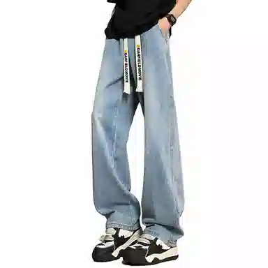 加菲猫家族 美式潮流高街复古水洗做旧直筒垂感高级感显高宽松舒适透气简约日常时尚百搭字母印花系带调节中腰牛仔裤 男女同款