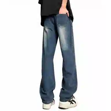 加菲猫家族 美式潮流高街复古水洗做旧直筒垂感高级感显高宽松舒适透气简约日常时尚百搭字母印花系带调节中腰牛仔裤 男女同款