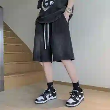 加菲猫家族 美式高街复古水洗做旧磨白拼接直筒阔腿休闲宽松潮流时尚日常百搭舒适柔软透气系带五分牛仔短裤 男女同款