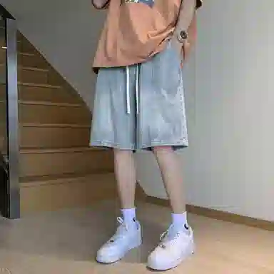 加菲猫家族 美式高街复古水洗做旧磨白拼接直筒阔腿休闲宽松潮流时尚日常百搭舒适柔软透气系带五分牛仔短裤 男女同款