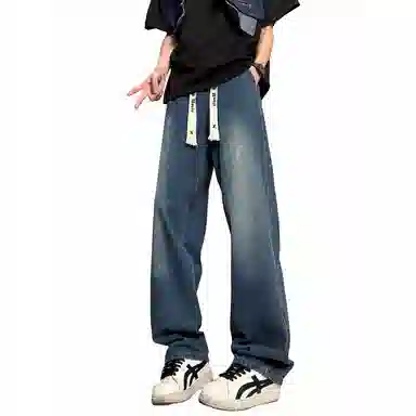 加菲猫家族 美式简约水洗做旧复古宽松舒适直筒垂感系带印花设计废土风时尚高街百搭透气中腰高级感牛仔裤 男女同款