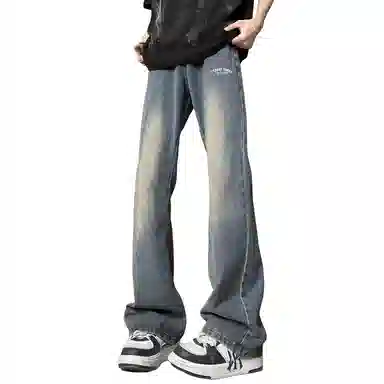 加菲猫家族 美式复古高街痞帅潮牌水洗做旧纯色基础款嘻哈宽松百搭长裤时尚简约舒适轻薄废土风微喇牛仔裤 男女同款