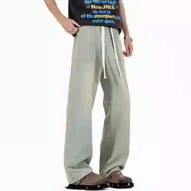 加菲猫家族 美式复古水洗做旧宽松休闲舒适直筒垂感日常时尚通勤高街百搭系带松紧中腰青春活力中性风牛仔裤 男女同款