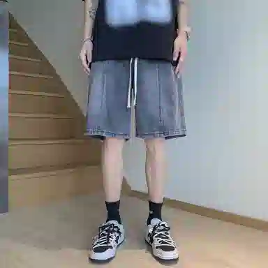 加菲猫家族 美式高街复古水洗做旧磨白拼接直筒阔腿休闲宽松潮流时尚日常百搭舒适柔软透气系带五分牛仔短裤 男女同款