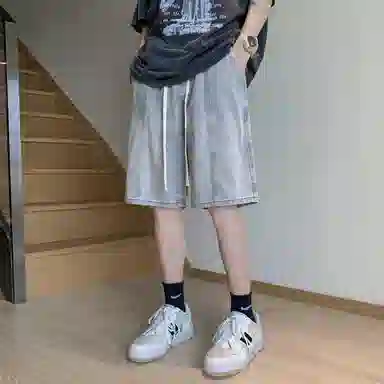 加菲猫家族 美式高街复古水洗做旧磨白拼接直筒阔腿休闲宽松潮流时尚日常百搭舒适柔软透气系带五分牛仔短裤 男女同款