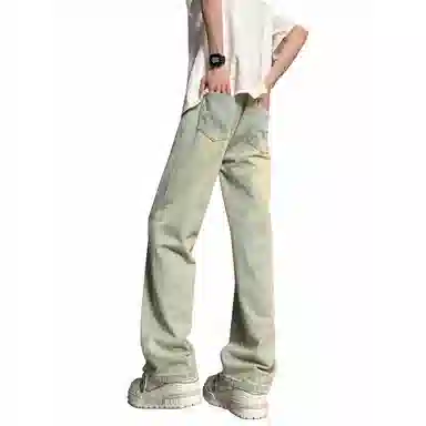 加菲猫家族 美式高街简约基础款复古水洗做旧宽松舒适休闲系带中腰校园学院风直筒垂感日常通勤百搭牛仔裤 男女同款