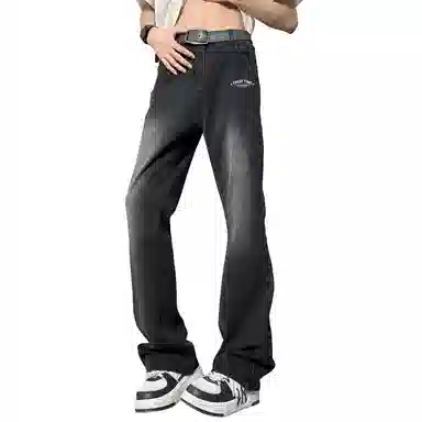 加菲猫家族 美式复古高街痞帅潮牌水洗做旧纯色基础款嘻哈宽松百搭长裤时尚简约舒适轻薄废土风微喇牛仔裤 男女同款