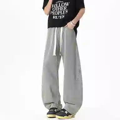 加菲猫家族 美式高街松紧系带中腰复古水洗宽松做旧阔腿垂感舒适休闲百搭牛仔裤 男女同款