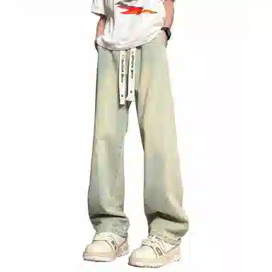 加菲猫家族 美式简约水洗做旧复古宽松舒适直筒垂感系带印花设计废土风时尚高街百搭透气中腰高级感牛仔裤 男女同款