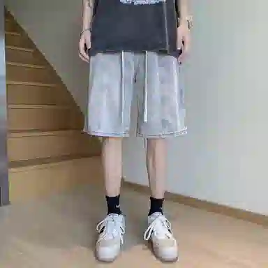 加菲猫家族 美式高街复古水洗做旧磨白拼接直筒阔腿休闲宽松潮流时尚日常百搭舒适柔软透气系带五分牛仔短裤 男女同款