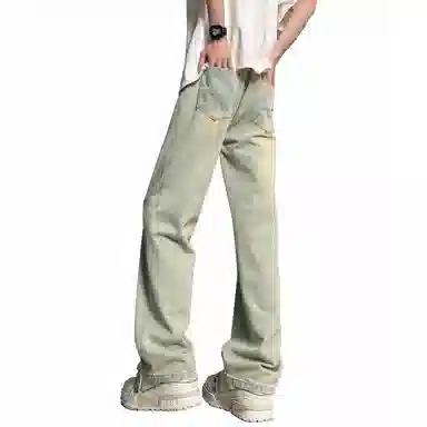 加菲猫家族 美式简约水洗做旧复古宽松舒适直筒垂感系带印花设计废土风时尚高街百搭透气中腰高级感牛仔裤 男女同款