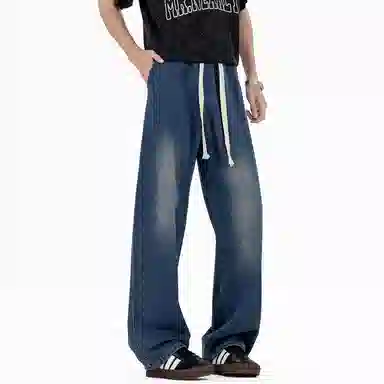 加菲猫家族 美式复古水洗做旧宽松休闲舒适直筒垂感日常时尚通勤高街百搭系带松紧中腰青春活力中性风牛仔裤 男女同款