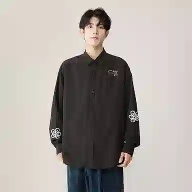 加菲猫家族 美式潮流时尚加菲猫卡通植物花卉印花百搭无性别主义落肩袖翻领衬衣叠穿春秋款日常通勤长袖少年感宽松上衣休闲外套衬衫 男女同款