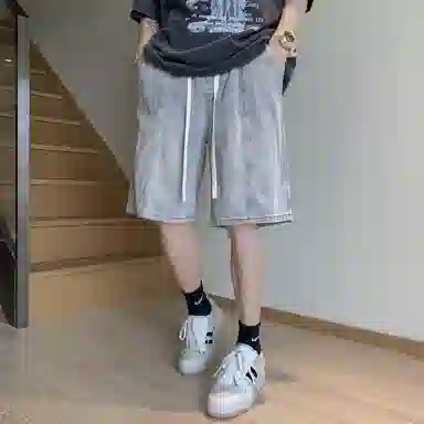 加菲猫家族 美式高街复古水洗做旧磨白拼接直筒阔腿休闲宽松潮流时尚日常百搭舒适柔软透气系带五分牛仔短裤 男女同款