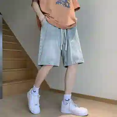 加菲猫家族 美式高街复古水洗做旧磨白拼接直筒阔腿休闲宽松潮流时尚日常百搭舒适柔软透气系带五分牛仔短裤 男女同款