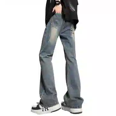 加菲猫家族 美式复古高街痞帅潮牌水洗做旧纯色基础款嘻哈宽松百搭长裤时尚简约舒适轻薄废土风微喇牛仔裤 男女同款